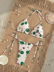 Women's Sexy Backless Tie-Up Sides Bikini Set With Coconut Print, Bohemian Style - White - View 1