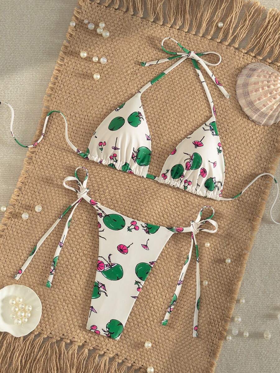 Women's Sexy Backless Tie-Up Sides Bikini Set With Coconut Print, Bohemian Style - White - View 1