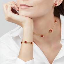 Gold Bracelets Earring Set - 18K Gold Plated Flower Bracelet Chain,Stainless Steel Non Tarnish Floral Pendant Stud Jewelry Sets,Birthday Lucky Mom Wife Daughter Girlfriend - 白色 - 查看 11