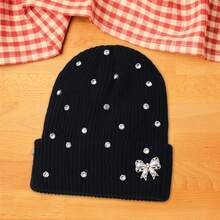 Women Knitted Hat, Bow Pearls Shiny Rhinestones Soft Crochet Hat Warm Winter Cap For Indoor Outdoor - 黑色 - 查看 5