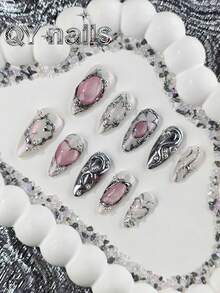 10 件/套手工制作杏仁全覆盖人造指甲，中等长度，粉色，甜美可爱风格，适合女士和女孩，可用作礼物，包括 1 个果冻垫和 1 个指甲塑形笔按压指甲美甲用品 - 粉色 - 查看 2