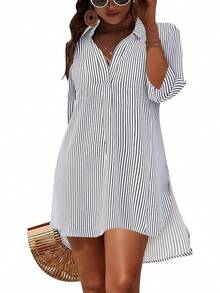 Women's Swimsuit Cover - Ups White Chiffon Bikini Swimwear Beach Dress Outfits Summer 6HQS - 條紋灰白 - 查看 12