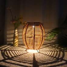 1pc Handmade Outdoor Rattan Lantern With Solar Powered Vintage Bulb, Tabletop Atmosphere Light For Garden Patio Lawn Villa Camping Decor - Multicolor - View 1