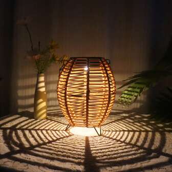 1pc Handmade Outdoor Rattan Lantern With Solar Powered Vintage Bulb, Tabletop Atmosphere Light For Garden Patio Lawn Villa Camping Decor