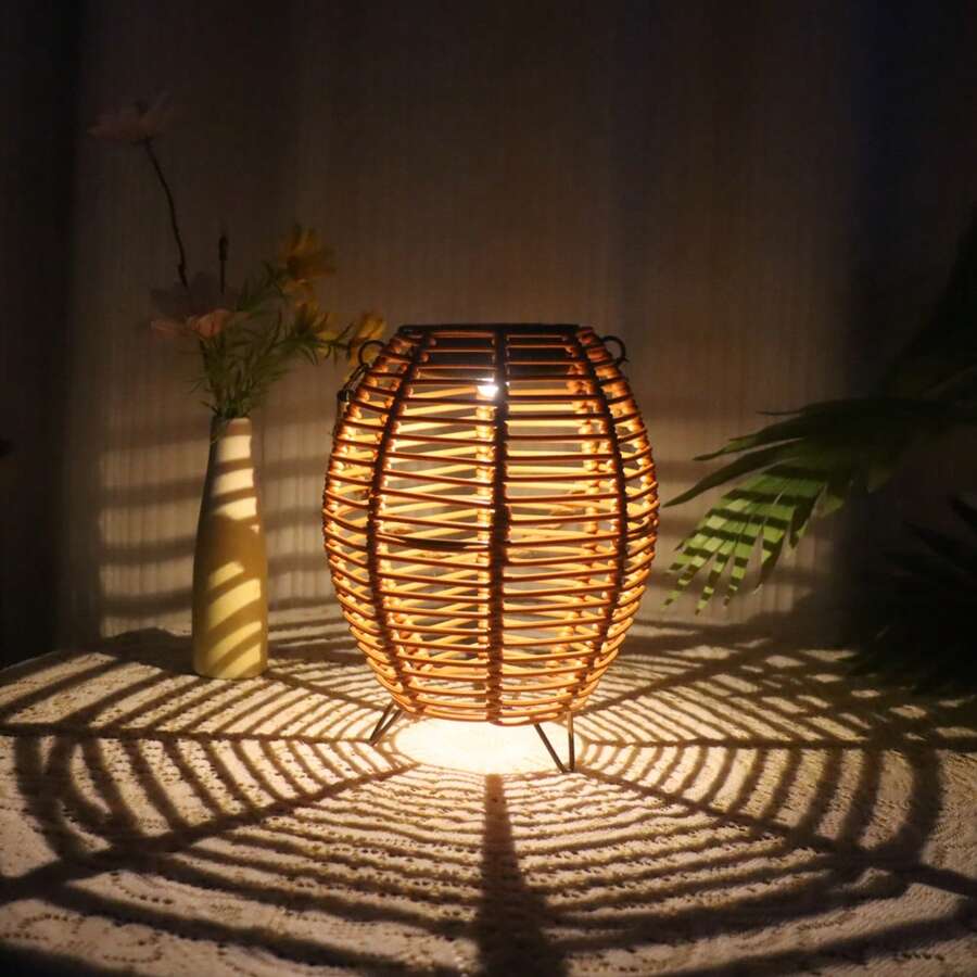 1pc Handmade Outdoor Rattan Lantern With Solar Powered Vintage Bulb, Tabletop Atmosphere Light For Garden Patio Lawn Villa Camping Decor - Multicolor - View 1