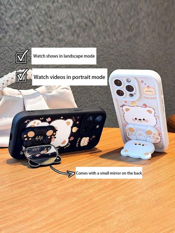 1pc Cute 360-Degree Rotating Bear Cartoon Phone Stand, With Built-In Makeup Mirror, Phone Case Stand, Smartphone Stand, I Phonephone Case, I Phone17phone Case Stand.