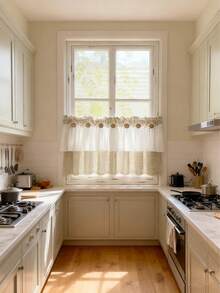 1pc Farmhouse Style Double Layer Cafe Curtain Valance - Brown Lattice Pattern, White Sheer Lace Trim, Retro Button Decor, All Seasons, Linen Fabric, Princess Style Short Curtain Tier For Living Room Kitchen Bathroom Window Decor - Red and White - View 9