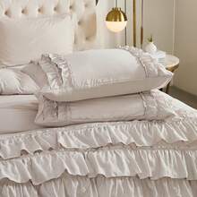 Beige Comforter Set Queen/King Size,Waterfall Ruffle Shabby Chic Farmhouse Bedding Sets,Soft Fluffy Boho Comforters Sets For All Season,200g Microfiber Filling Vintage Ruffled 3 PCS Quilt Set For Women Girls Room Decor - 米灰色 - 查看 8
