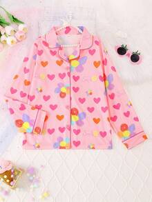 2pcs/Set Girls & Teens Casual Cartoon Heart & Flower Print Lapel Long Sleeve Cardigan And Pants Pajama Set, Flame Retardant, Suitable For Christmas & All Seasons - Pink - View 3