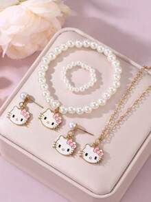 Sanrio 5pcs Faux Pearl Alloy Necklace, Earring, Bracelet,Ring, Pendant Jewelry Set