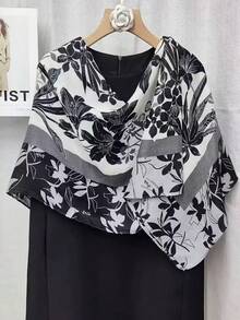 1pc Women's Printed Large Scarf, Satin Soft Skin-Friendly Shawl Scarf, Spring/Summer Sun Protection Beach Long Scarf, Suitable For Dresses - Black Rice Flower - View 2