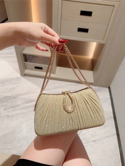1 件优雅金属卢勒克斯盒形晚宴包，时尚金属链条装饰手提包，奢华礼服派对手拿包，带链条的正式活动手提包
