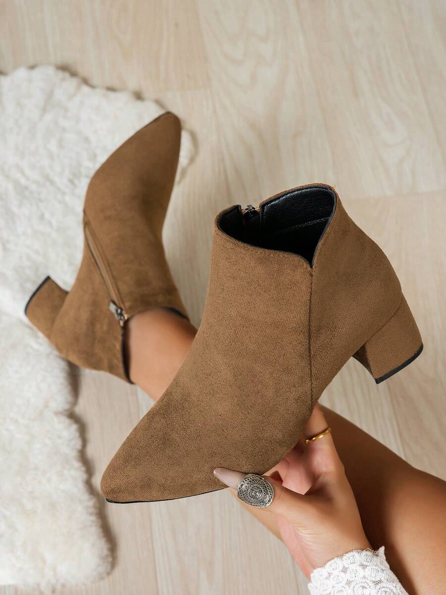 Women's Brown Boots, New Autumn/Winter Fashion Versatile Pointed Toe Comfortable Chunky Heel Mid-Heel Retro Burgundy Boots, Side Zipper, Minimalist, Suitable For Daily, Holiday, Party, Elegant, Solid Color, Classic Boots - Coffee Brown - View 1