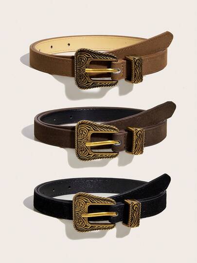 مجموعة 3 قطع حزام للنساء من البرونز الفاخر بطبعة زهرية معدنية، حزام جلد مخمل منقوش، إكسسوار موضة متعدد الاستخدامات للفساتين والجينز والمعاطف والاستخدام اليومي