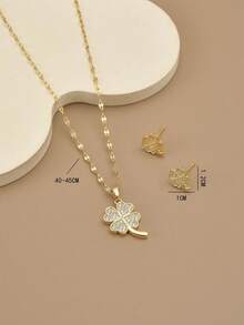 1pc Stainless Steel Clover Rhinestone Necklace, 1 Pair Stainless Steel Clover Rhinestone Earrings, Women Jewelry Set, Women Accessories, Gift For Her, Girlfriend, Wife, Party