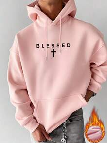 K-GLORY 男士休闲简约标语印花保暖连帽衫，秋冬款 - 粉色 - 查看 3