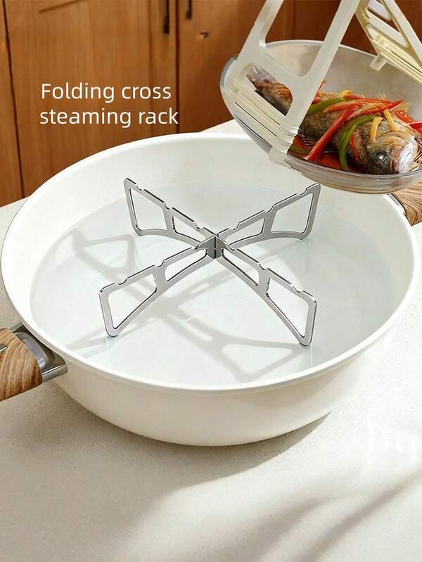 1pc Stainless Steel Heat-Resistant Foldable Steaming Rack - Household Kitchen Steaming Rack - Detachable Lightweight And Portable Cross-Shaped Insulation Steaming Rack - Easy To Clean - Outdoor Cooking Tool - Durable Kitchenware - Compact And Space-Saving - Can Be Hung Anywhere - Suitable For Outdoor Camping, Picnics, And Barbecues