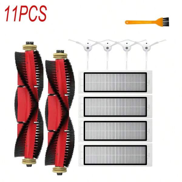 11-Pack Accessories Kit For Roborock E2 E3 E4 E5 S5 S50 S51 S55 S6 S60 S6 Pure Vacuum Cleaner, Includes 2 Main Brushes, 4 Side Brushes, 4 HEPA Filters, 1 Cleaning Tool For Xiaomi Robot Vacuum 1 / 1S SDJQR01RR SDJQR02RR SDJQR03RR