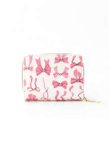 1Pc Kids Mini Wallet With Pink Ribbon Bow Design, PU Leather Trifold Wallet For Girls With Zipper Coin Pouch And Card Slots, Portable And Stylish Small Purse For Daily Outings Or Gifts