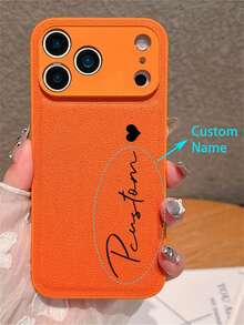 【定制】个性化刻字字母名字复古荔枝纹仿皮手机壳，适用于 17/16/15/14/13/12/11 Pro Max/17，防震保护套 - 橘色 - 查看 1