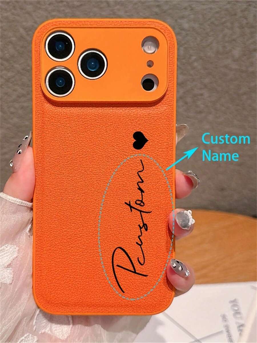 【定制】个性化刻字字母名字复古荔枝纹仿皮手机壳，适用于 17/16/15/14/13/12/11 Pro Max/17，防震保护套 - 橘色 - 查看 1