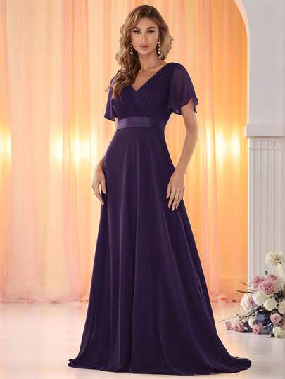 抽褶上身絲帶腰雪紡舞會連衣裙