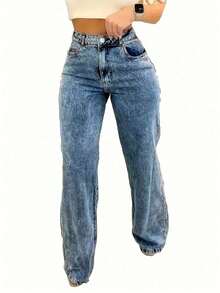 Quần jeans nữ ống đứng dáng rộng có túi, đa năng, thích hợp cho mùa xuân. - Rửa trung bình - Xem 2