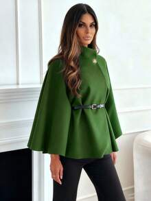 一款时尚优雅的纯色短外套（七分袖或四分袖，女士冬季款式，披肩式外观，饰有系带设计，适合工作、约会、购物和外出等各种场合）。 - 綠色 - 查看 7