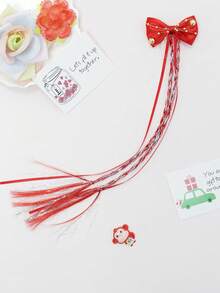 Clip de pelo con cadena de perlas doradas y lazo elegante para Navidad, clip de pelo de princesa para doble coleta, diadema con trenzas falsas con borlas, accesorio versátil para el atuendo navideño