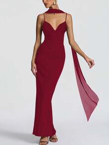 Vestido largo ajustado de mujer con tirantes finos y escote en V, color liso, elegante y sexy, para fiesta, noche y boda - Burdeos - Ver 2