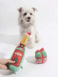 Beautiful Girl-1 1 Piece Of Polyester Fabric Christmas Pet Toy With Sound, Printed Composite Fabric Christmas Gift Box Toy, Embroidered Christmas Hat Imitation Wine Bottle Toy, Small And Medium-Sized Dog And Cat Interactive Toy, Christmas Toy, Christmas Gift