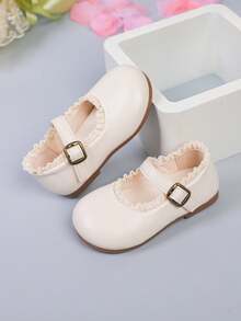 1双女童休闲蕾丝装饰平底鞋，舒适时尚的日常穿脱鞋 - 米色 - 查看 8