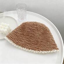 1pc Women Khaki Patchwork Fluffy Bucket Hat, Versatile For Autumn/Winter Daily Use - Khaki With White Edges - View 4