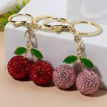 1pc Cute Rhinestone Studded Cherry Keychain, Metal Key Chain Ring Cartoon Gift - Multicolor - View 5