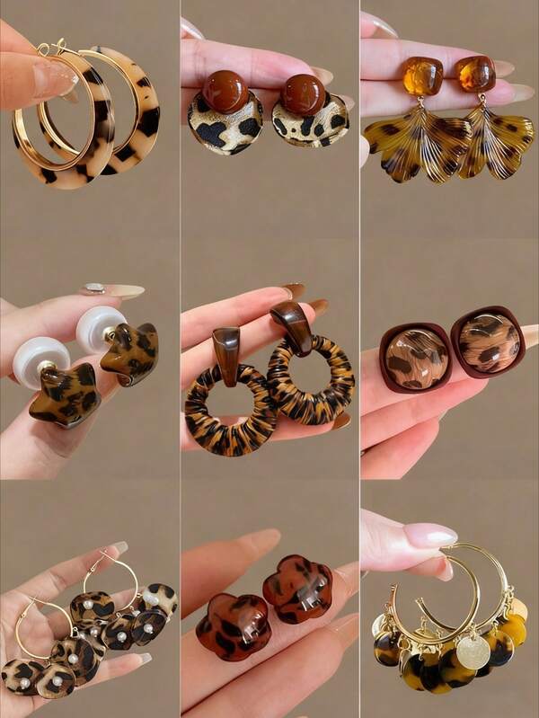 1pc/2pcs Retro Hip Hop Leopard Print PU Leather Hoop Earrings, Acetate Material Earrings, Exaggerated Hoop Earrings For Girls, Suitable For School Outfits, Student Style, Girls Accessories, Daily Matching, Great Gift Choice