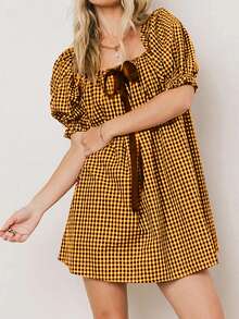Puff Sleeve Babydoll Mini Dress Square Neck Floral Bubble Sleeve Short Dress Womens Cute Polka Pot Micro Dresses Y2k - Yellow - View 4