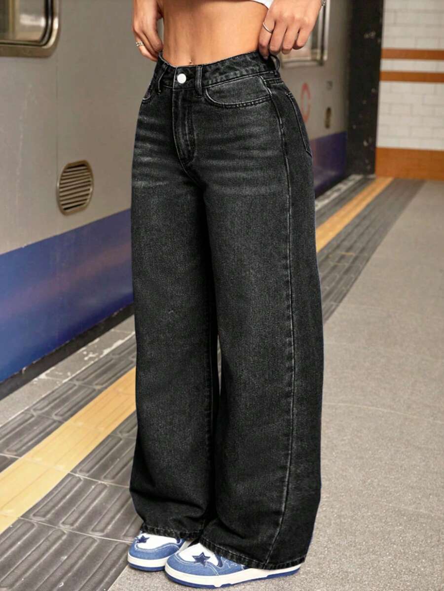 Jeans de pierna ancha negros de estilo retro para adolescentes - Negro - Ver 1