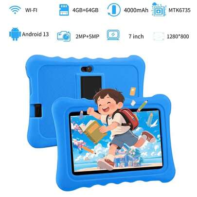 4GB RAM + 64GB ROM / 7 英寸平板电脑 / 四核 1.3GHz / Android 13 / 1024x600 HD IPS 显示屏 / 2MP+5MP 摄像头 / 4000mAh 电池 / WiFi、家长控制、教育、游戏 / ABS 塑料 + 硅胶、教育平板电脑（包含：包装盒、电缆、手册、OTG、SIM 卡弹出器）