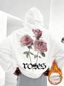 Men's Vintage Rose Print Basic Hoodie, White, Fall/Winter