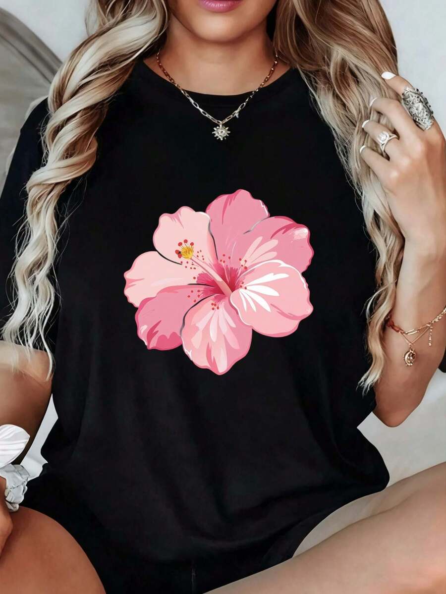 Blusas para mujer,blusas elegantes dama,playeras de mujer,tops de mujer,T shirt   blanco y negro, estampado flor hibisco, impresión de alta calidad , cuello redondo, corte holgado básico, transpirable, versátil, lavable a máquina, cómoda, talla S ~ 2XL, diaria, casual, deportes, imprescindible para el verano. - Negro - Ver 1