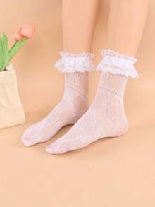 1 Pair Women's Lace Mid-Calf Socks With Big Lace Trim, Elastic Hollow Mesh Stockings, Style Kawaii Lace Socks - 白色 2 - 查看 8