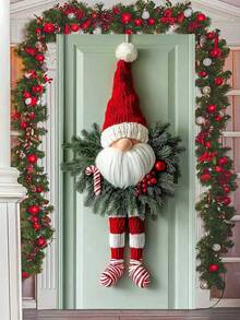 1 pezzo Decorazione natalizia da appendere alla porta, ghirlanda in poliestere da appendere alla porta con gambe a righe rosse, senza elettricità richiesta, decorazione da parete per le feste