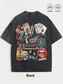 1 PCS Entertainment "Treaty Oak Revival" Graphic Tee: Featuring Distressed Vintage Finish, Front Bold "TREATY O REV" Letter Print, Back Artistic Collage Of Retro Entertainment Elements (Playing Cards, Billiards, Jim Beam Bourbon Bottle, Microphone, "Have A Nice Day" Accent), Crafted From Breathable 100% Cotton, Perfect For Infusing Nostalgic - 黑色 - 查看 2