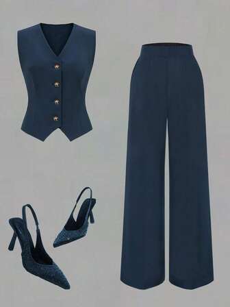 Elegant damkostymset, långbyxor, enfärgad casual outfit - ärmlös väst + byxor med resår i midjan, lämplig för vardagskläder och pendling, hela säsongen