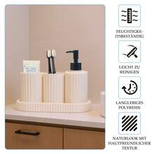 Dispensador Jabón Líquido Set, 1*300ml Dispensador + 2 Vaso para Cepillo de Dientes + Plato, Material de Plástico con Bomba Negra, Ideal para Cocina, Baño, Shampoo, Lotion, Blanco - Blanco - Ver 6