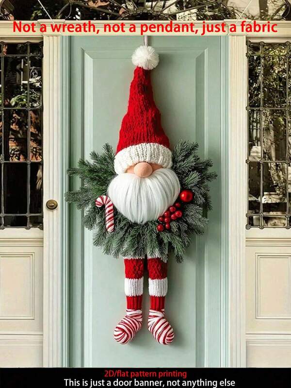 1pc Christmas Dwarf Door Banner, Polyester Door Decor Wreath Pattern With Red Stripes, No Electricity Needed, Holiday Wall Decor, Not A Wreath But A Fabric Product