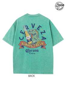 Graphic Tee With A Lizard Holding A Beer; Corona Extra , Always Fresh; Retro Washed T-Shirt With Double-Sided Printed (230G Pure Cotton T-Shirt); Crew Neck, Short Sleeves, Regular Fit, Casual Wear With Design, Streetwear For Men, Men's Fall Clothes, Vintage T-Shirt,Unisex - 薄荷綠 - 查看 2