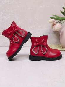 New Girls' Bowknot Rhinestone Soft Comfortable Round Toe Sweet Fashion Flat Ankle Boots Suitable For Autumn/Winter - Red - View 2