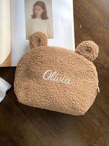 Personalized Cute Plush Bear Ear Makeup Bag For Girl, Soft Fleece Cosmetic Pouch With Zipper, Large Capacity Travel Toiletry Bag, Portable Makeup Organizer, Storage Bag For Daily Use, Gifts, And Travel Essentials, Cute Gift For Girls - Multicolor - View 10