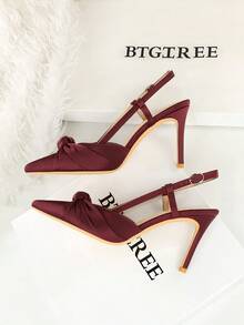 European & American Style Satin Bow Pointed Toe Slip-On High Heel Pumps, Low Vamp Backless Women Party Shoes - Burgundy - View 6